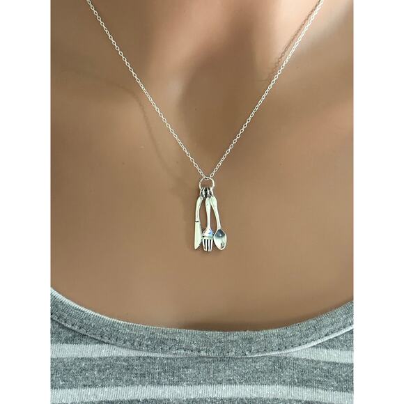Sterling Silver Cutlery Necklace, Silver Spoon, Fork and Knife Necklace - Picture 3 of 5